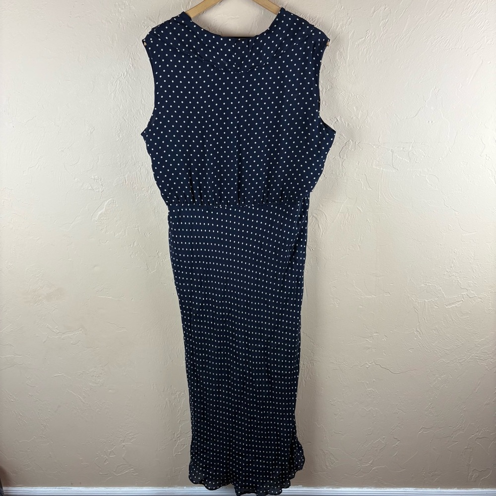 Ralph Lauren Silk Navy Polka Dot Women's Dress Ruffle Long Sleeveless Size 18 - Picture 5 of 8